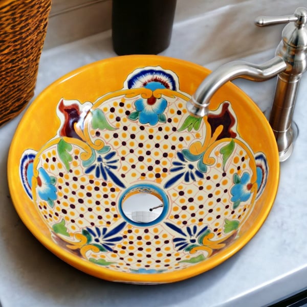 PUEBLA - Kleines mexikanisches Waschbecken, bunt, rund - 35 cm Talavera Design-Aufsatzwaschbecken aus Keramik handbemalt für Gäste Toilette