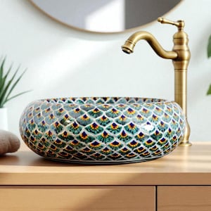 Exotisches Mexiko Waschbecken PAVO mit Pfaumuster in grün bemalt Talavera Keramik für Badezimmer
exotic mexican handpainted basin talavera style peacock