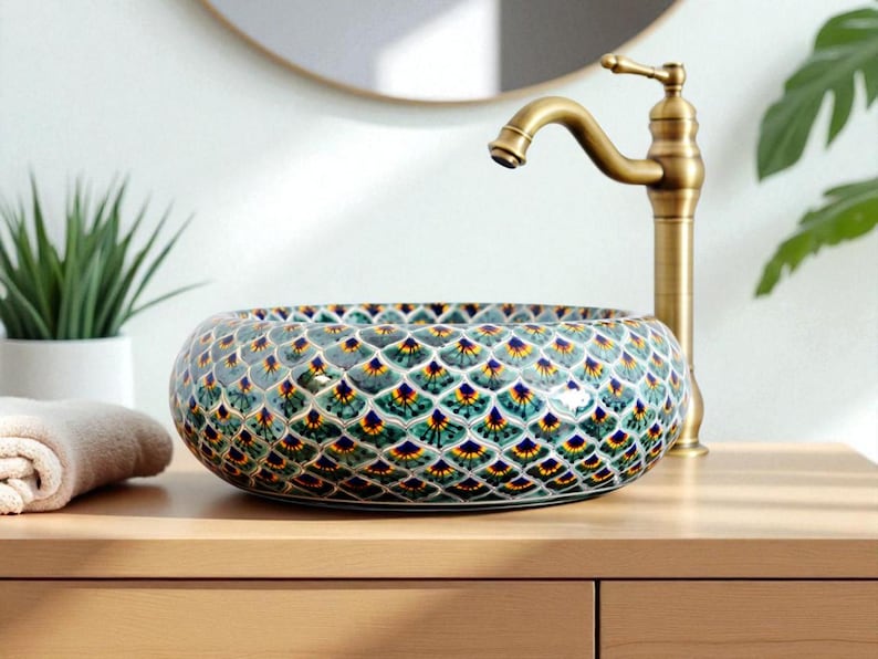 Exotisches Mexiko Waschbecken PAVO mit Pfaumuster in grün bemalt Talavera Keramik für Badezimmer
exotic mexican handpainted basin talavera style peacock