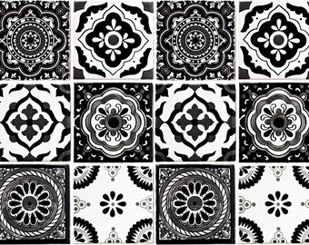18 Mexikanische Fliesen Black-Edition PREMIUM 11x11 cm Keramik,  bemalte Dekorfliesen in Schwarz-weiß aus Mexiko, patchwork für Küche, Bad