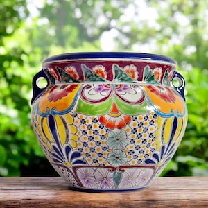 Vaso da fiori colorato Messico FRIEDA con manici - stile boho, alto 25 cm - artigianato Talavera - fioriera e fioriera, dipinto a mano al 100%.