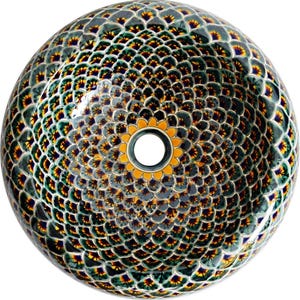 May include: A round, decorative ceramic sink with a detailed pattern. The sink features a repeating design of overlapping, scale-like shapes in shades of green, yellow, and blue. The center has a circular drain surrounded by a yellow floral design.