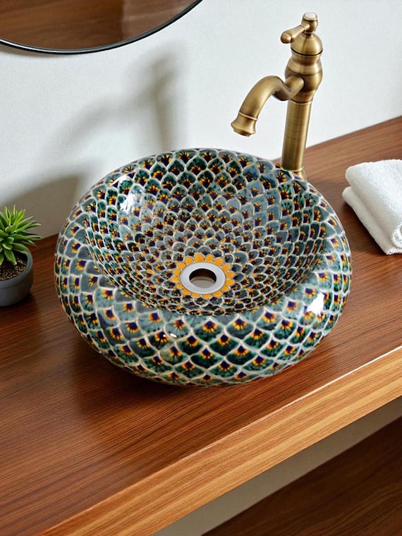 Mexikanisches Waschbecken in grün, Ausgefallenes Talavera Design, für Gäste-WC und Badezimmer, einzigartig! Design PAVO VERDE