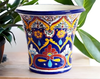 ACAPULCO - Mexiko Blumentopf Übertopf, Buntes Design, Keramikglasiert, 100% handbemalt, Bunter Pflanztopf in Talavera Kunsthandwerk,  20 cm