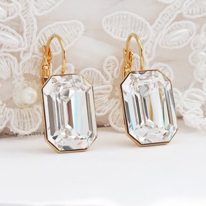 Octagon Clear Earrings CZ Crystal Bridal Gold Plated Rectangle Square Statement Bridesmaid Statement Emerald Cut Gift Boxed