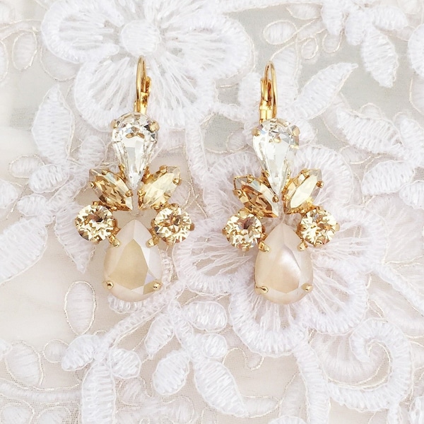 Teardrop Crystal Leaf Champagne Earrings Chandelier Statement Ivory Gold Diamond Pear CZ Jewelery Bridesmaid Prom Gift Box