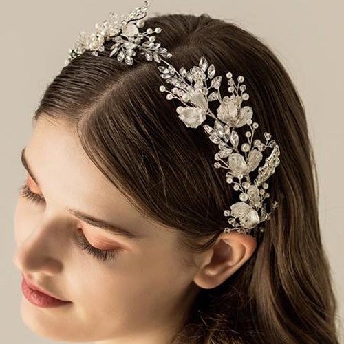 Little Flower Leaf Wedding Bridal Prom Clear Crystal Headband Tiara 