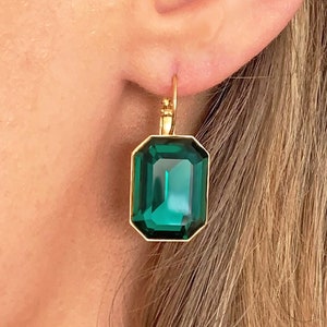 Octagon Emerald Green Earrings CZ Crystal Drop Dangle Bridal Gold Emerald Cut Lever Back Rectangle Square Statement Statement Louisa Grace