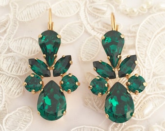 Teardrop Emerald Green Leaf Earrings Chandelier Crystal Gold Plated Bridal Jewelery CZ Bridesmaid Prom Statement Gift Box Drop Louisa Grace