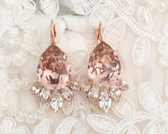Teardrop Blush Crystal Earrings Diamond Rose Gold Vintage Rose Statement CZ Crystal Bridal Jewellery Prom Drop Dangle Gift Box Lever Back