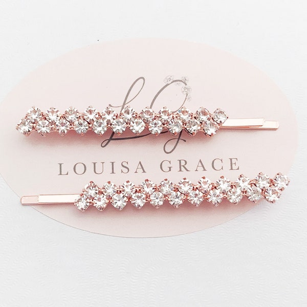 Rose Gold Clear Crystal Bobby Pin Set Of Two Hair Clip Grip Bridal Bridesmaid Accessory Party Slide Christmas Socking Filler Stuffer