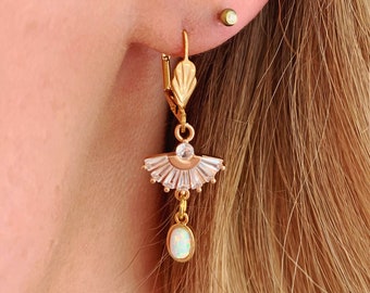 Art Deco Opal Crystal Fan Earrings Bridal Bridesmaid CZ Drop Dangle Gold 1920's Gift Box