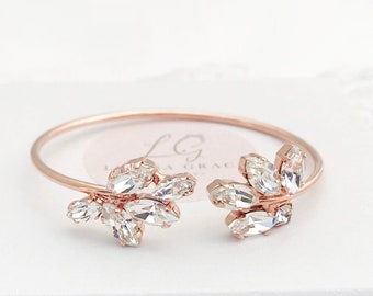 Bridal Diamond Leaf Bangle Bracelet CZ Crystal Rose Gold  Bridal Jewellery Bridesmaid Gift Boxed Marquise Cuff Louisa Grace