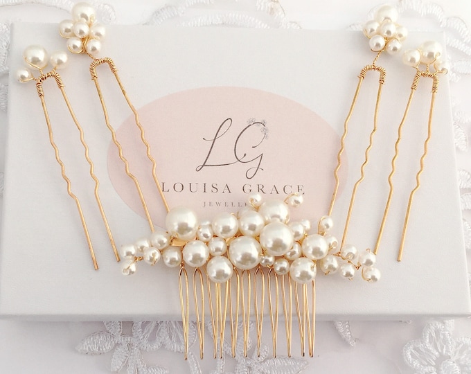 Bridal Pearl Small Hair Comb Four Pin Set Gold Gift Boxed Wedding Accessory Bride Prom Bridesmaid Hairpiece Gift Boxed Vine Tiara