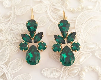 Teardrop Emerald Green Leaf Earrings Chandelier Crystal Gold Plated Bridal Jewelery CZ Bridesmaid Prom Statement Gift Box Drop Louisa Grace