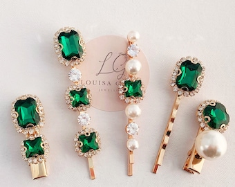 Bridal Emerald Green Crystal Pearl Hair Clips Set Of Five Slide Emerald Cut Gold Plated Bridesmaids Prom Party Wedding Gift Wrapped
