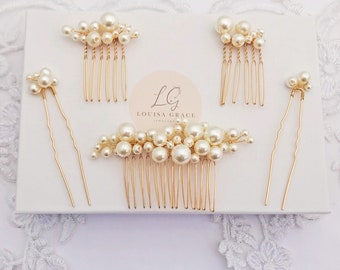 Bridal Pearl Three Small Hair Combs Two Pin Set Gold Gift Boxed Wedding Accessory Bride Prom Bridesmaid Hairpiece Gift Boxed Vine Tiara