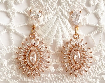 Gold Clear Marquise Drop Earrings Art Deco Bridal Diamond Trousseau 1920s Flapper Statement Gold Bridal CZ Dangle