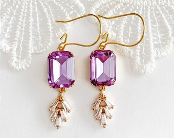 Art Deco Violet Earrings Bridal Emerald Cut Bridesmaid Purple Gold Plated Geometric CZ Dangle Drop Gold Bridesmaid 1920 Gift Box