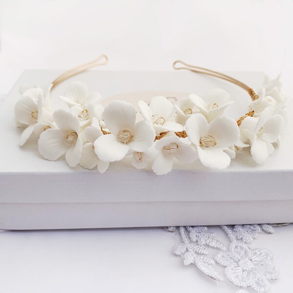 Bridal Headband White Flowers Blossom Crystal Floral Crown Vine Hairband  Porcelain Gift Boxed Wedding Glamorous Hair Piece Accessory Bride