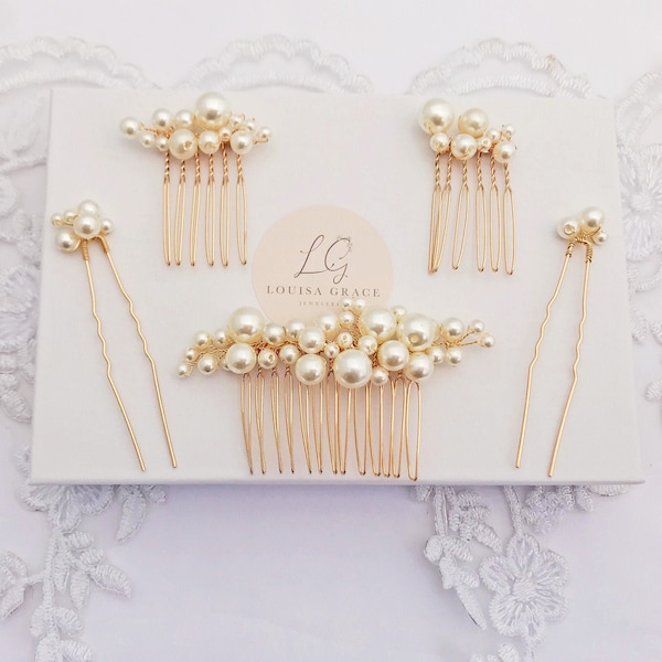 Bridal Pearl Three Small Hair Combs Two Pin Set Gold Gift Boxed Wedding Accessory Bride Prom Bridesmaid Hairpiece Gift Boxed Vine Tiara