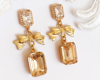 Bridal Art Deco Bow Earrings Peach Champagne Crystal Ribbon Octagon Gold Plated Bridal Bridesmaid CZ Dangle Drop Bridesmaid 1920 Gift Box