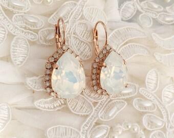 White Opal Teardrop Earrings Rose Gold Bridal Statement CZ Crystal Drop Dngle Lever Back Jewellery Bridesmaid Pear Gift Boxed Louisa Grace