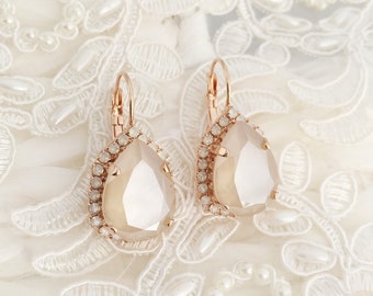 Ivory Cream Opal Teardrop Earrings Rose Gold Bride Bridal Jewellery Bridesmaid CZ Crystal Pear Gift Boxed Drop Dangle Lever Back