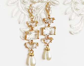 Art-Deco-Kristallperle Ohrringe Braut Statement Smaragdschliff Flapper Geometrische CZ Lange Tropfen baumeln Gold Brautjungfer Bolzen 1920 Geschenkbox