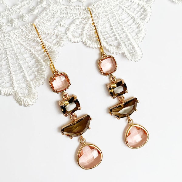 Brown Topaz Peach Champagne Earrings Art Deco Bridal Woodland Forest Long 1920s Flapper Statement Gold Bridal Emerald Cut Half Moon CZ Drop