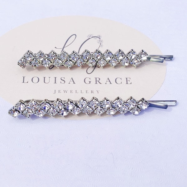 Silver Clear Crystal Bobby Pin Set Of Two Hair Clip Grip Bridal Bridesmaid Accessory Party Slide Christmas Socking Filler Stuffer