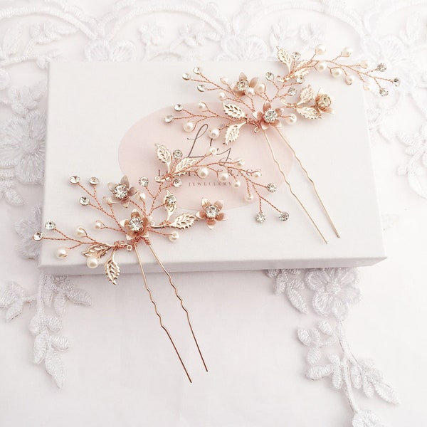 Bridal Hair Pins Set Of Two Rose Gold Blossom Flower And Crystal Leaf Floral Gift Boxed Wedding Glamorous Hair Piece