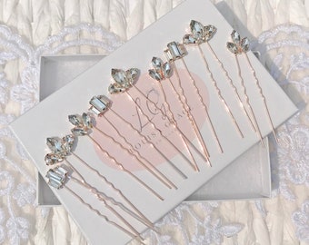 Bridal Hair Pins Set Of Nine Art Deco Crystal Rose Gold Gift Boxed Bridesmaids Wedding Glamorous Hair Piece Accessory Comb Vine