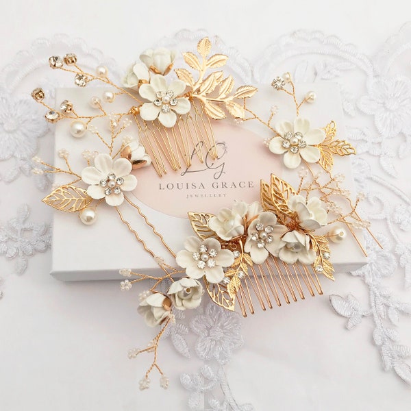 Bridal White Flower Pearl Hair Comb And Pin Set Bridesmaid Gold Leaf Crystal Babys Breath Wedding Bridesmaid Boxed Hair Piece Accessory Box