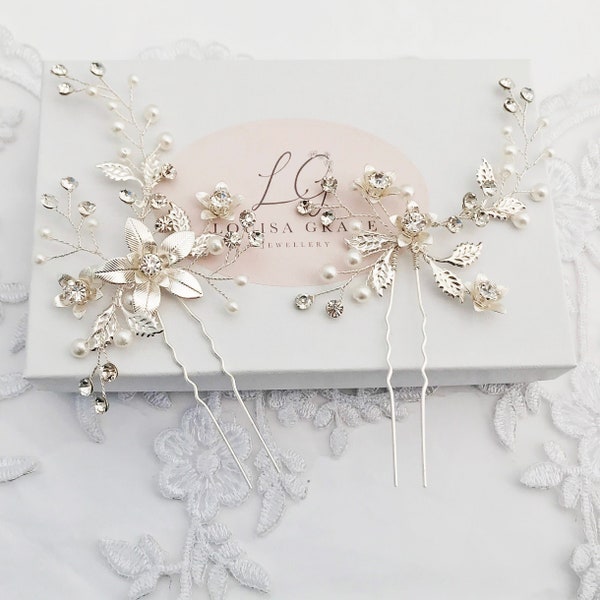 Bridal Hair Pins Set Of Two Silver Blossom Flower Crystal And Pearl Leaf Floral Gift Boxed Wedding Glamorous Hair Piece Accessorie CZ