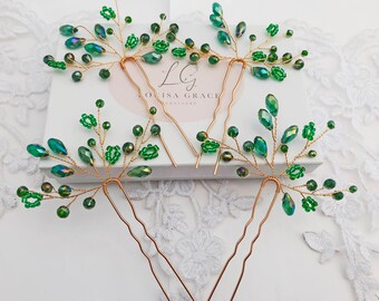 Bridal Hair Pins Emerald Green Floral Spray Crystal Set Of Four Aurora Borealis Babys Breath Gift Box Floral Wedding Flower Bride Bridesmaid