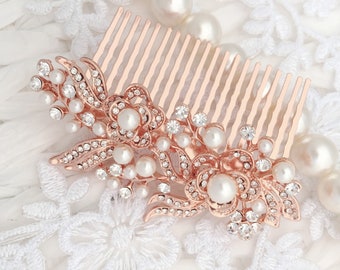 Bridal Wedding Hair Comb Rose Gold Clear Crystal And Pearl Floral Leaf Gift Boxed Leaf Accessory Bride Prom