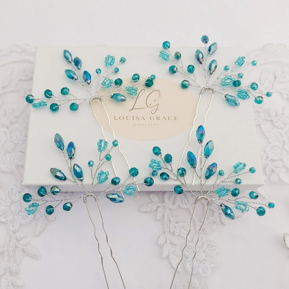 Bridal Hair Pins Blue Floral Spray Crystal Set of Four  display picture 1