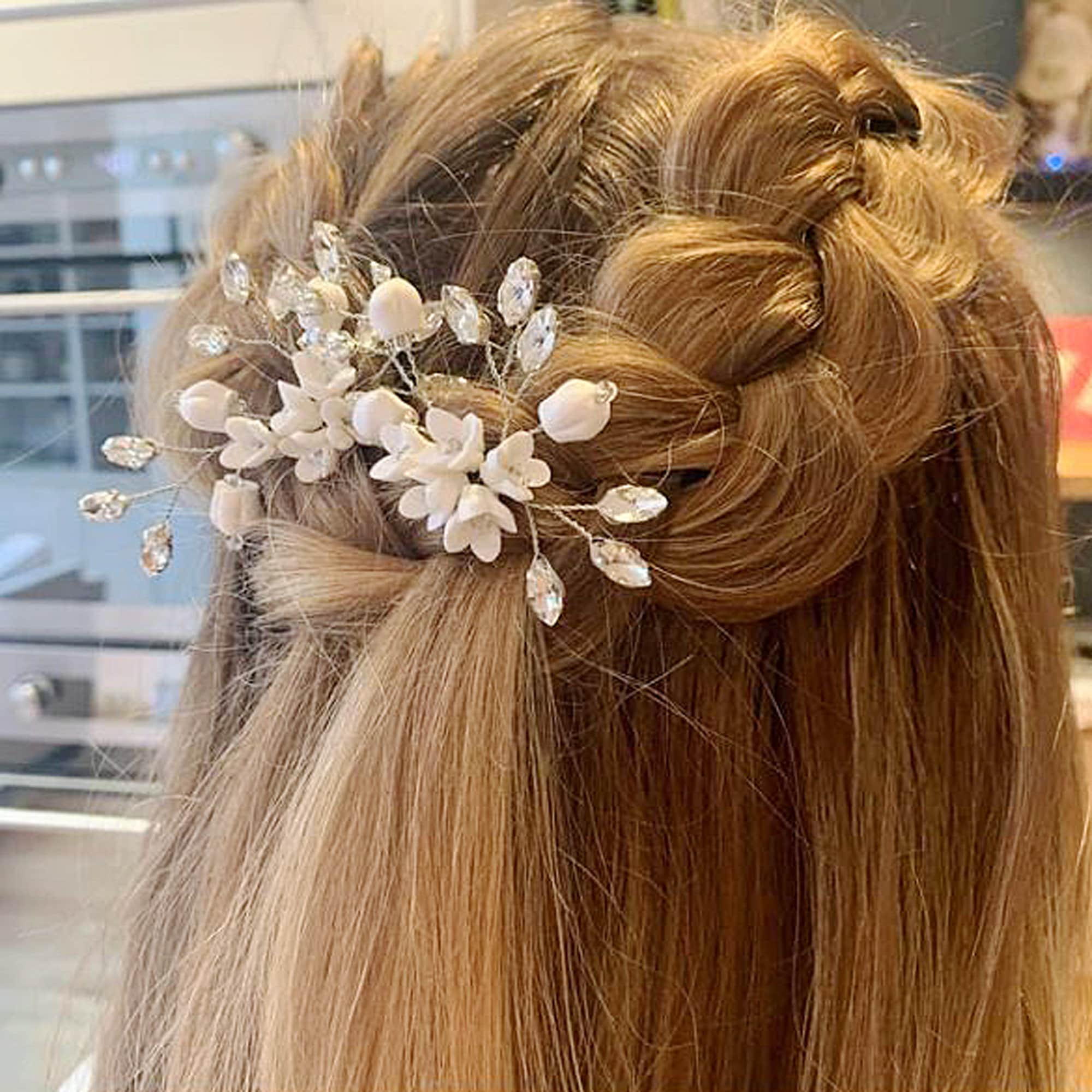 Bridal Hair Pins Set of Two Silver White Flower Crystal Leaf 