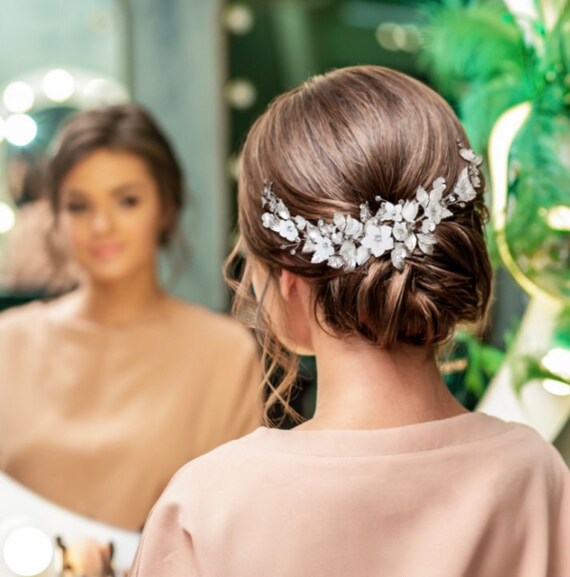 Bridal Hair Comb Silver White Flowers Crystal Leaf Large  display picture 1