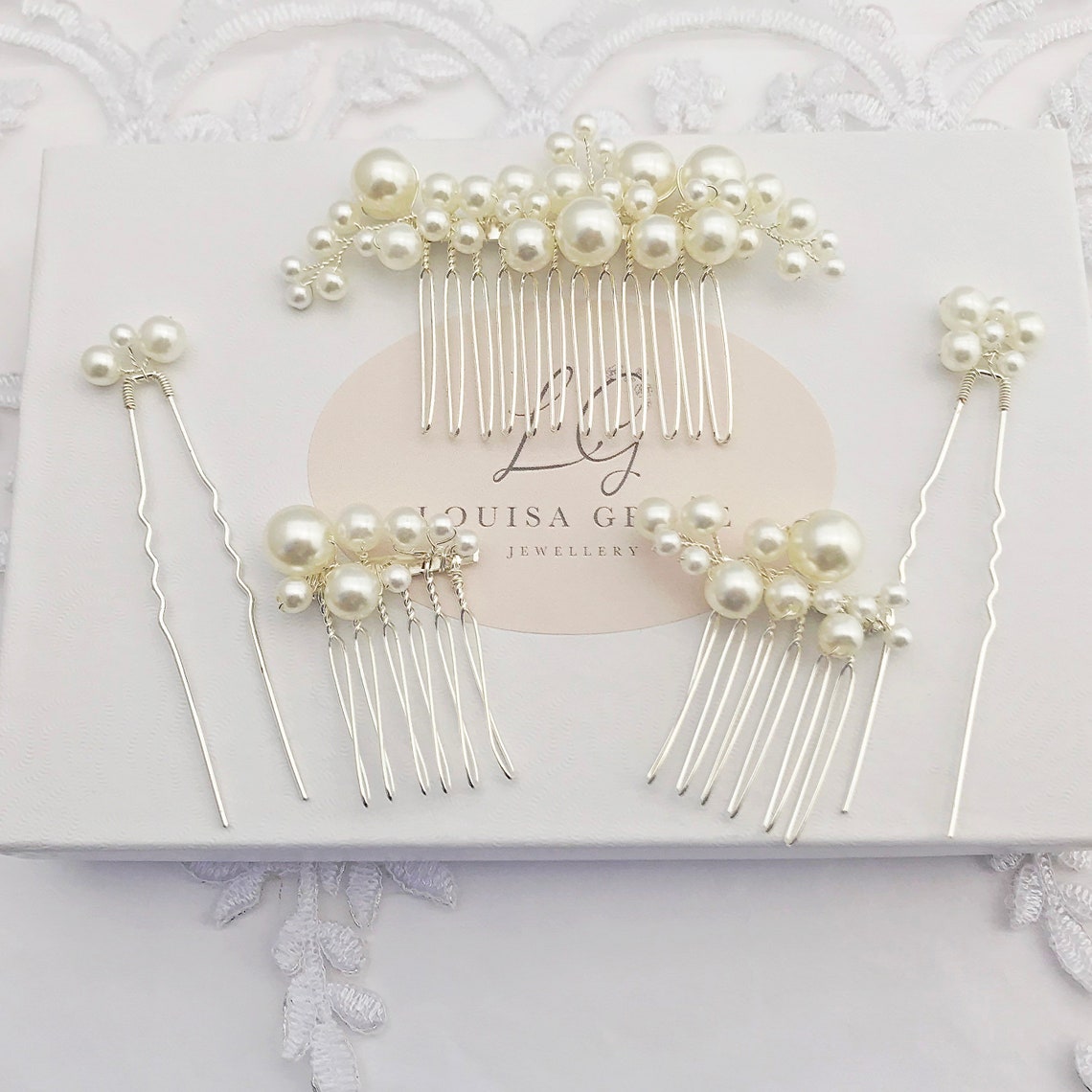 Bridal Pearl Three Small Hair Combs Two Pin Set Silver Gift Etsy UK