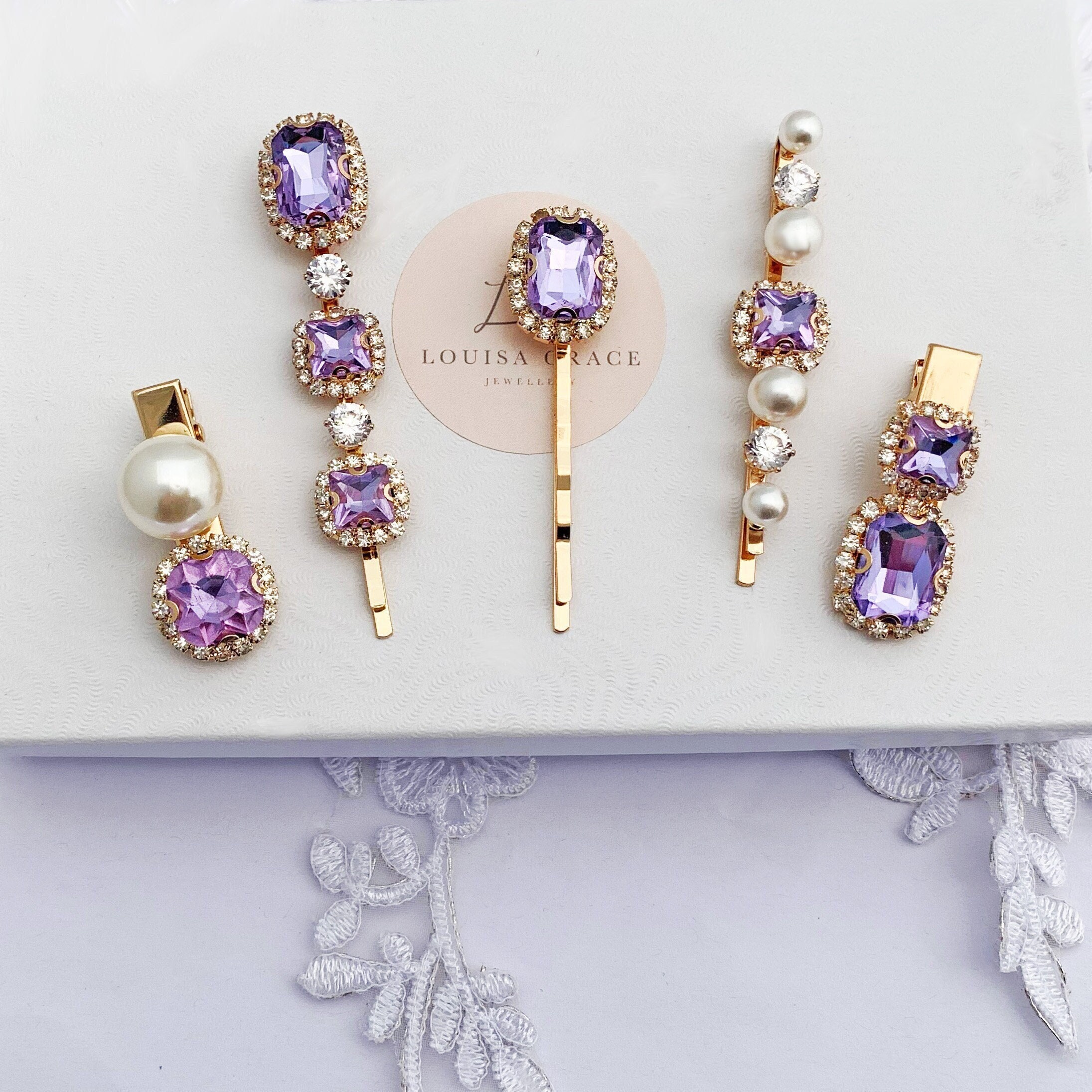 Bridal Light Amethyst Crystal Pearl Hair Clips Set of Five 