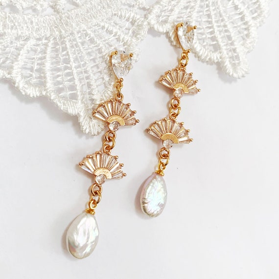 Freshwater Pearl Fan Art Deco Earrings Bridal Long Teardrop Statement Baguette Cut Clear Gold CZ Drop Dangle Bridesmaid Stud 1920 Gift Box