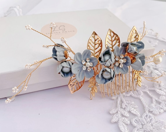 YERTTER Braut Haarkamm Mit Kristall Blatt – 16 Cm, Silber/blau, Perlen-Verzierung