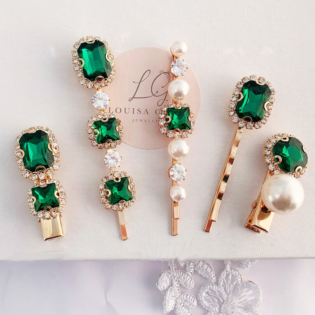 Bridal Emerald Green Crystal Pearl Hair Clips Set Of Five Slide Emerald Bridal Emerald Green Crystal Pearl Hair Clips Set Of Five Slide Emerald