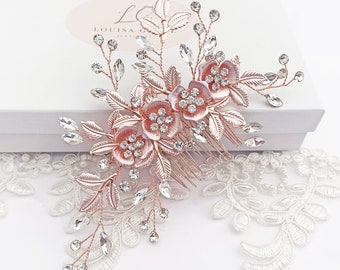 Bridal Blush Floral Leaf Hair Comb Rose Gold CZ Clear Crystal Gift Boxed Wedding Accessory Bride Prom Bridesmaid Enamel Foliage