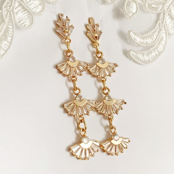 Crystal Fan Art Deco Gold Earrings Bridal Statement