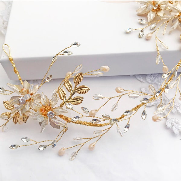 Bridal Gold Ivory Crystal Floral Leaf Hair Vine Headband Tiara Gift Boxed Wedding Accessory Bride Prom Bridesmaid Rhinestone Comb Pin