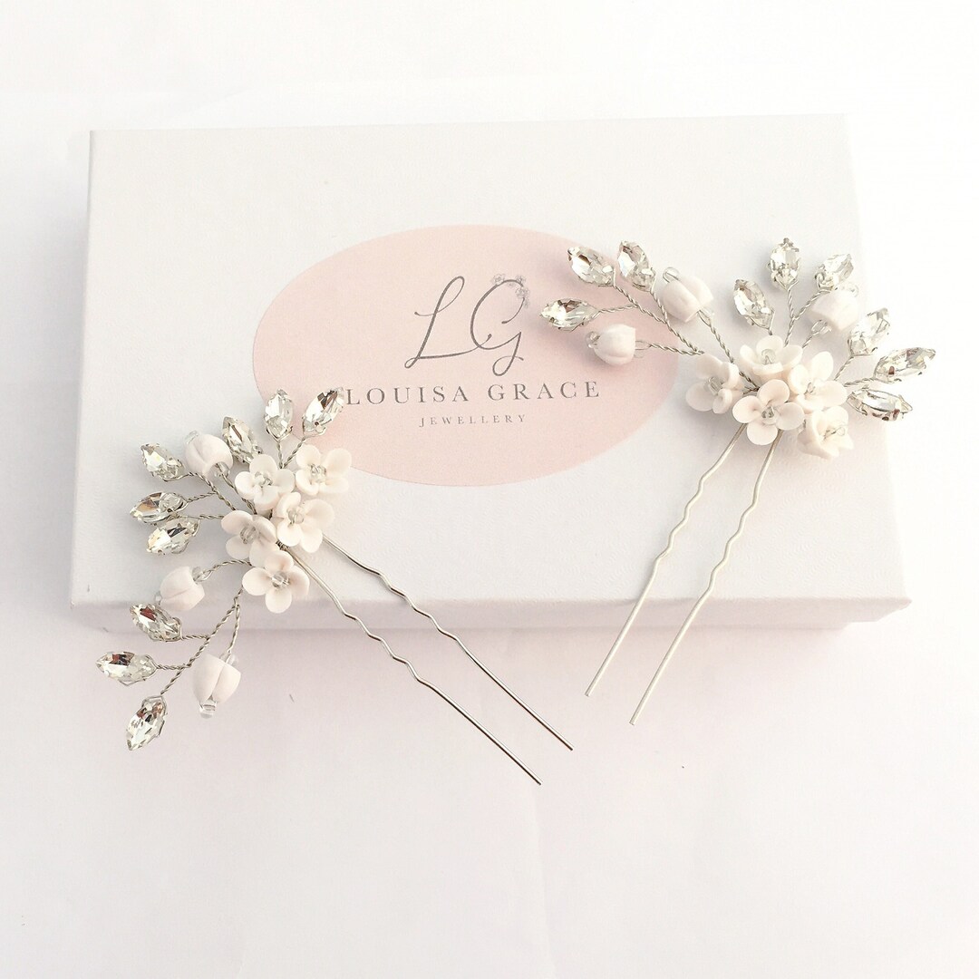 Bridal Hair Pins Set of Two Silver White Flower Crystal Leaf  display picture 2