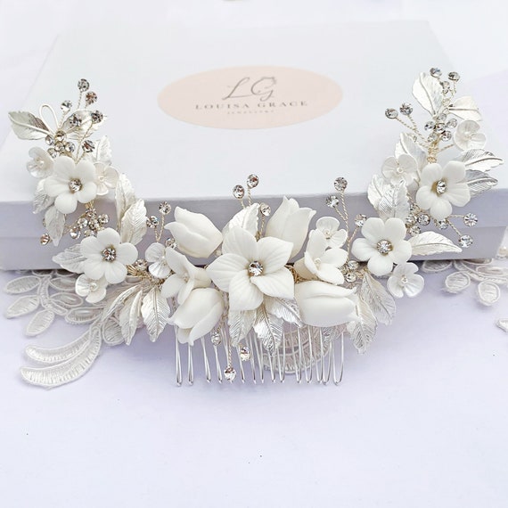 Bridal Hair Comb Silver White Flowers Crystal Leaf Large  display picture 2